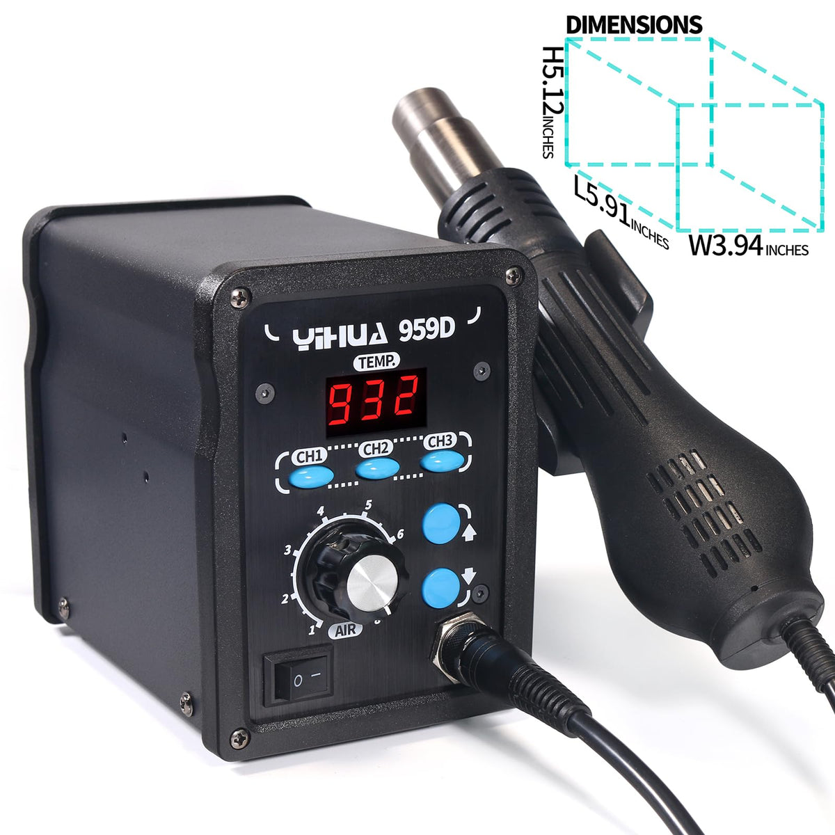 YIHUA 959D safety indicator highlighting built-in protections.