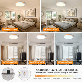 Yiisem dimmable wood LED flush mount in bedroom for calm, adjustable lighting.