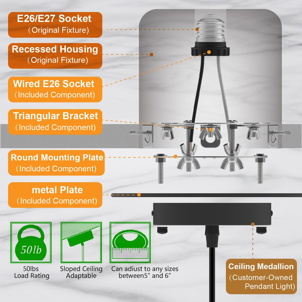 YIIZON quick-install guide supports a straightforward canopy-to-pendant upgrade.