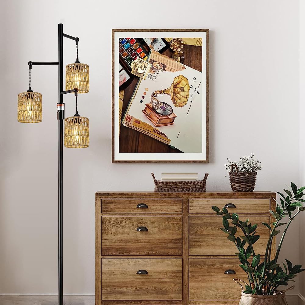 YIKEGE LICHT rattan lampshade on floor lamp adding cozy ambience.