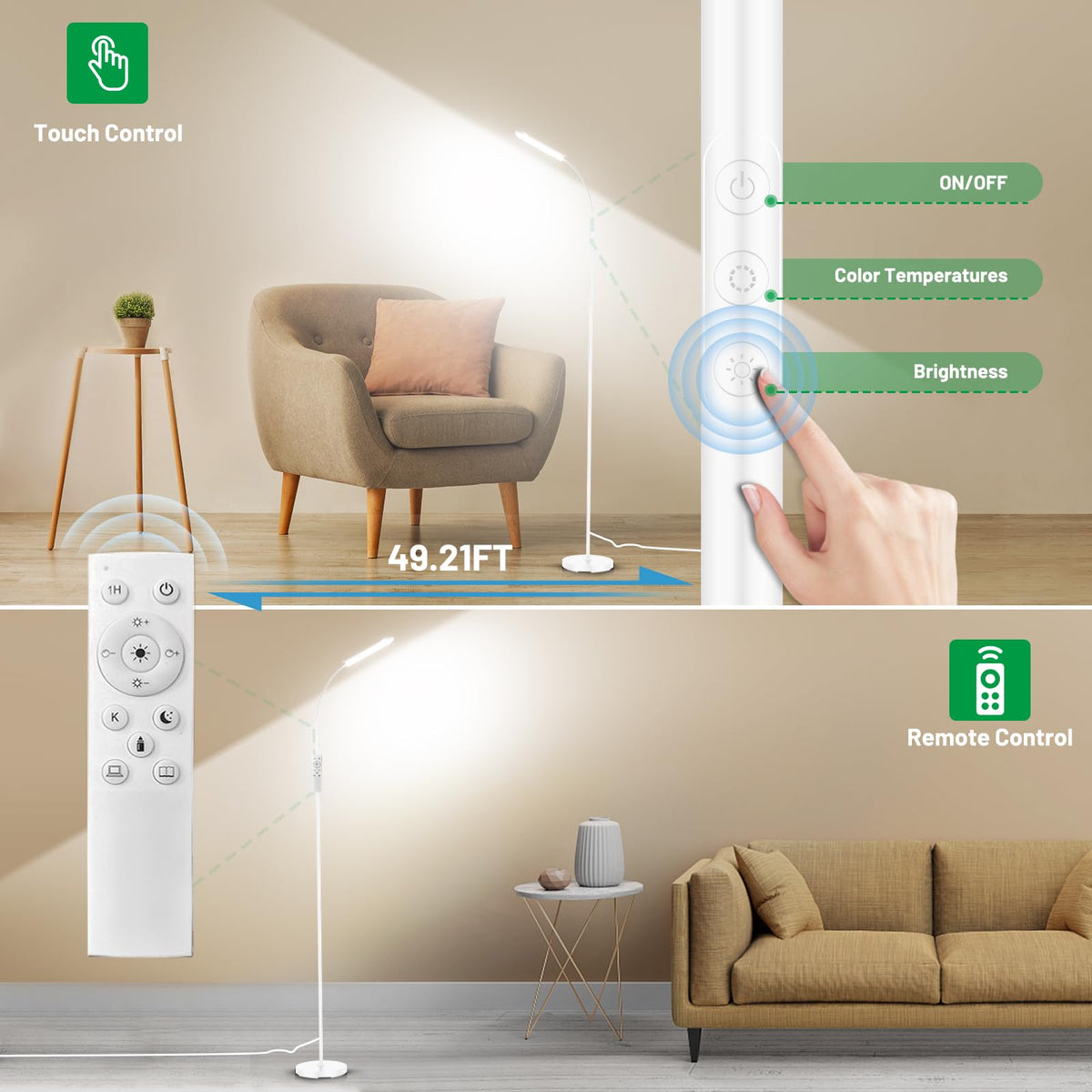 Yikuneng floor lamp with 2700K-6500K color range for adaptable ambiance.