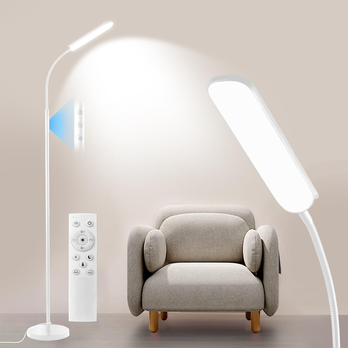 Yikuneng dimmable floor lamp with remote control for convenient across-room lighting.