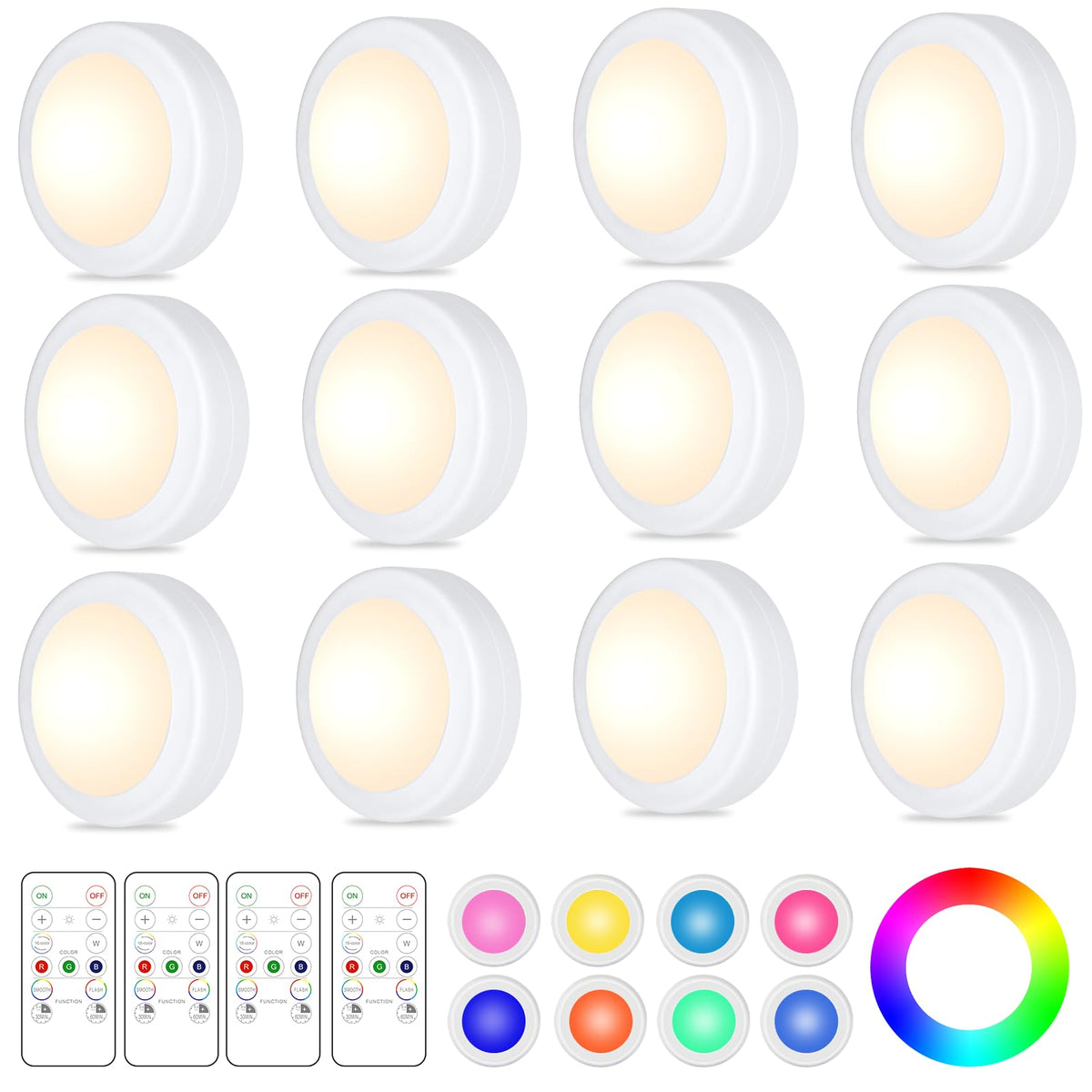 Yiliaw 12-pack LED puck lights illuminate cabinets with mood-changing colors.