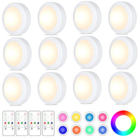 Yiliaw 12-pack LED puck lights illuminate cabinets with mood-changing colors.