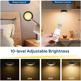 Yiliaw LED puck light demonstrating color selection via remote for ambience.