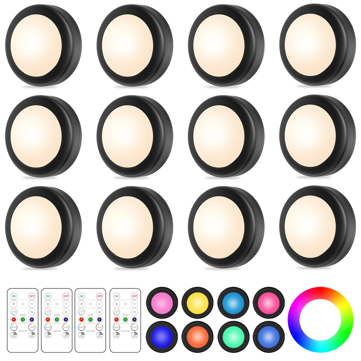 Yiliaw LED puck light with remote illuminates kitchen cabinets in 16 colors.