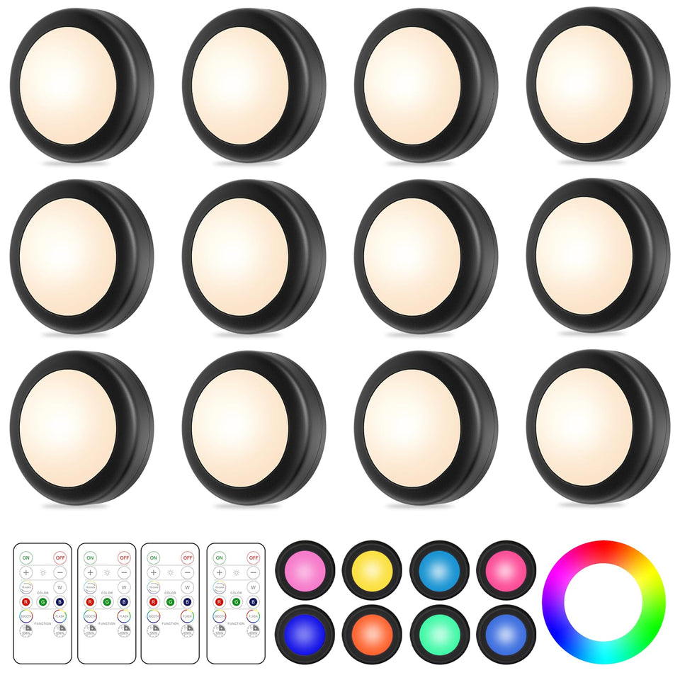 Yiliaw LED puck light with remote illuminates kitchen cabinets in 16 colors.