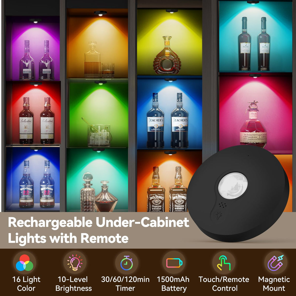 Yiliaw puck light with remote close-up highlighting dimmer and color options