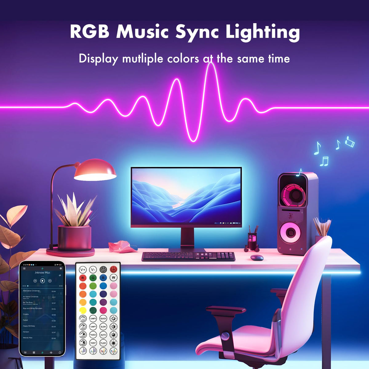YILINM RGB neon strip showing color-changing scenes for mood lighting.