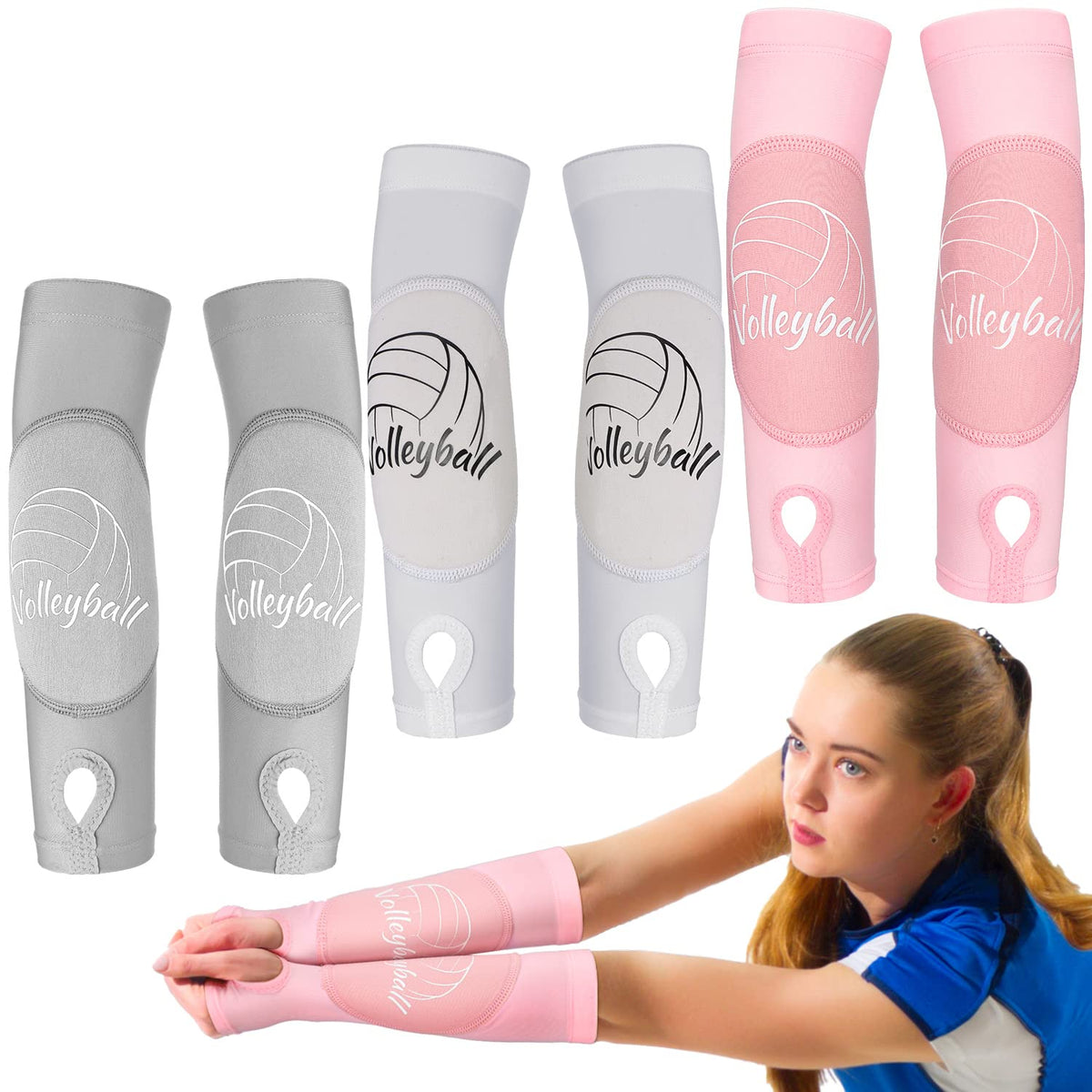 Yinder volleyball arm sleeves in pink, white, and gray for youth protection on court