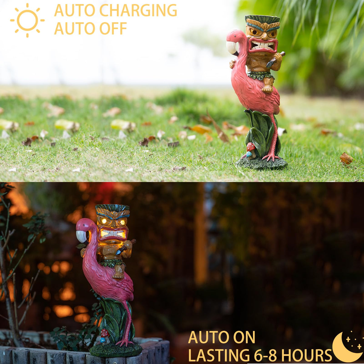 Yiosax Solar Tiki Statue riding a flamingo for playful yard decor.