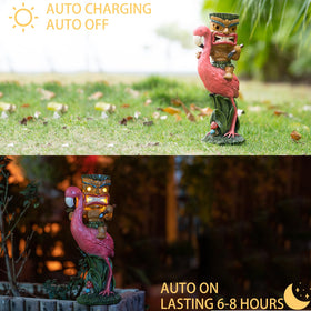 Yiosax Solar Tiki Statue riding a flamingo for playful yard decor.