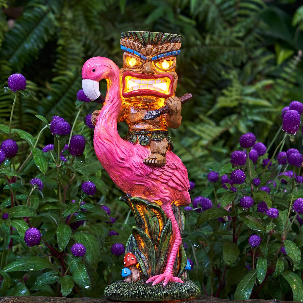 Yiosax Solar Tiki Statue side view highlighting durable resin.