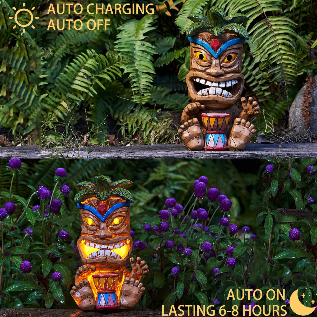 Yiosax tiki bar décor statue lights walkways with solar power.