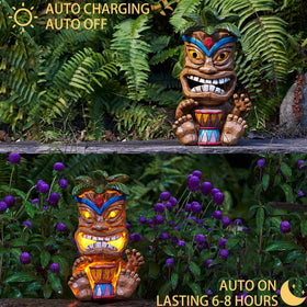 Yiosax tiki bar décor statue lights walkways with solar power.