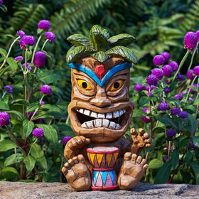 Yiosax tiki statue with drumming hands adds tropical charm to patios.