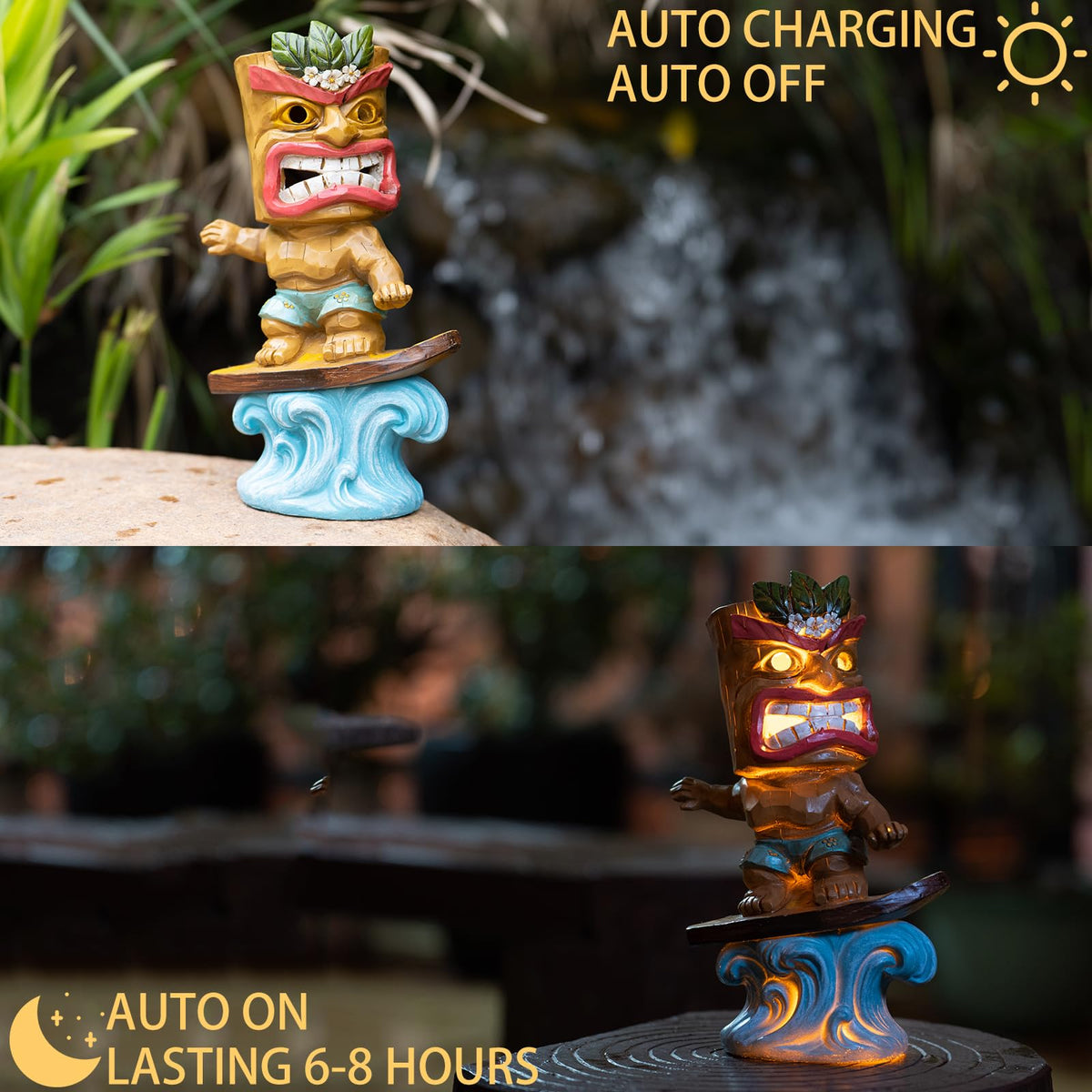 Yiosax tiki statue illuminates at night for cozy outdoor ambience