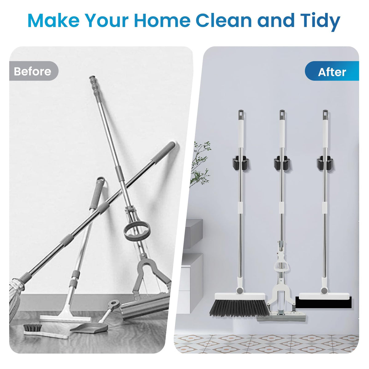 Yiows installation-ready broom holder shown with hardware for quick setup.
