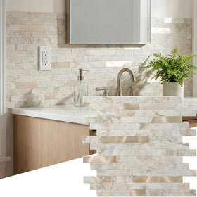 Yipscazo Beige Rocks backsplash shows a durable, waterproof surface for kitchens.