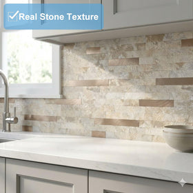Yipscazo Beige Rocks backsplash demonstrates easy peel-and-stick installation.