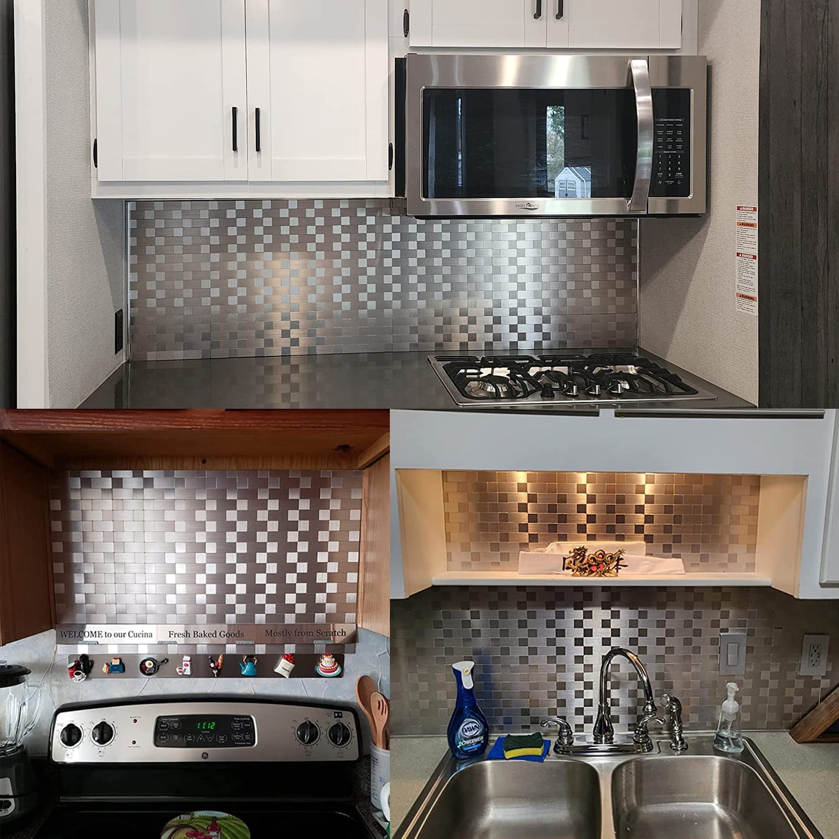 Yipscazo peel-and-stick backsplash behind stove, quick kitchen upgrade.