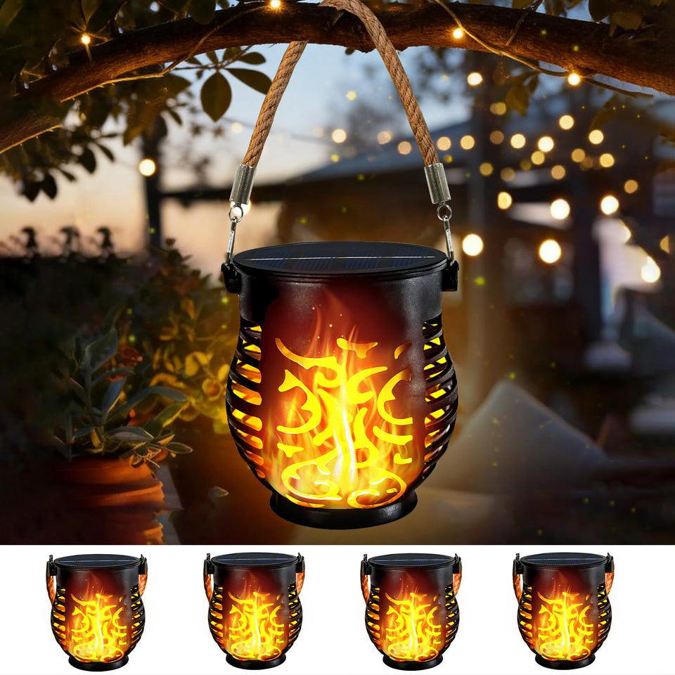 YIQU 4-pack solar lanterns with dancing flame create warm outdoor ambiance for patios