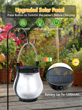 YIQU Gen2 solar lantern charges by USB or sun for flexible setup.