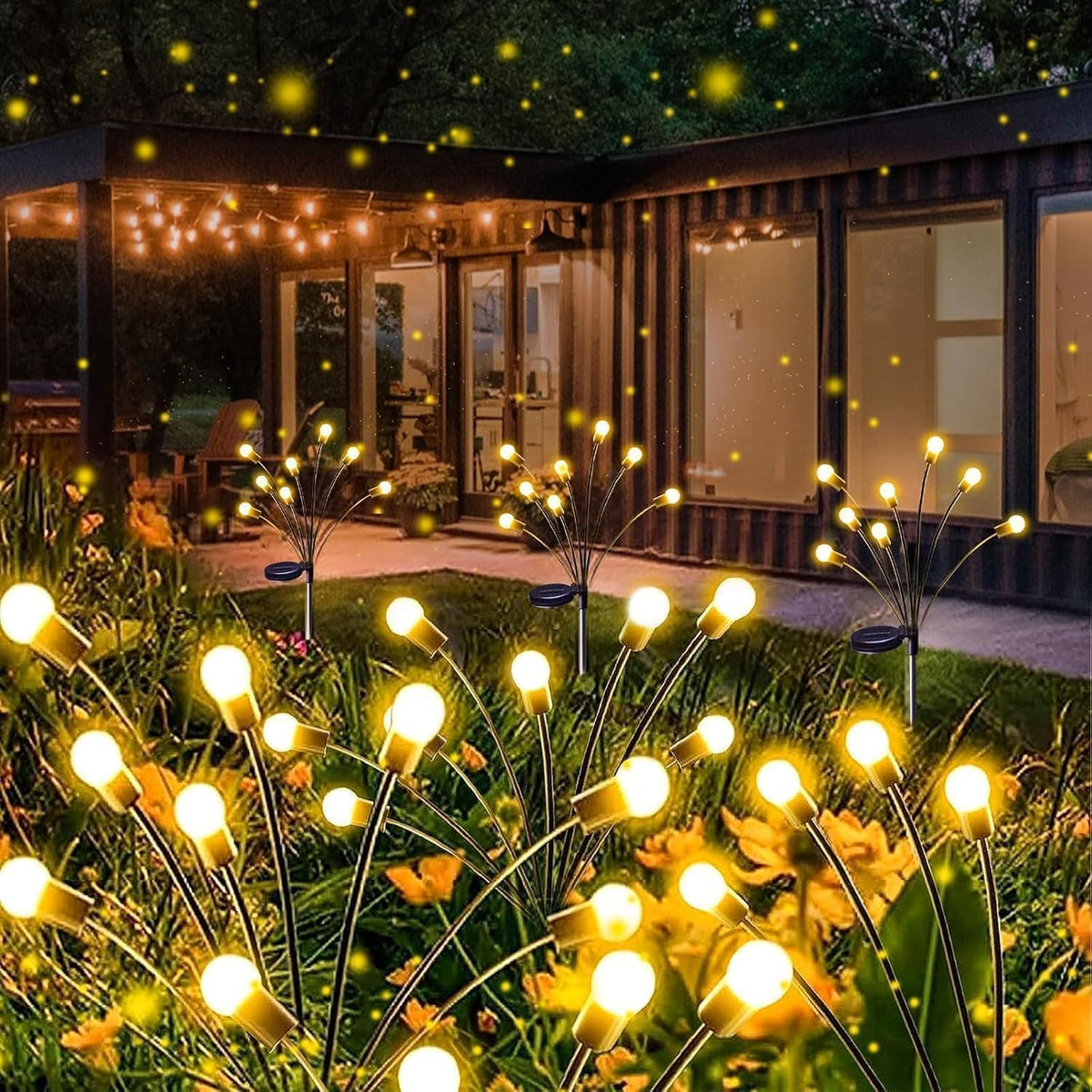 YIQU Solar Firefly Lights with warm white glow along garden path for inviting evenings.