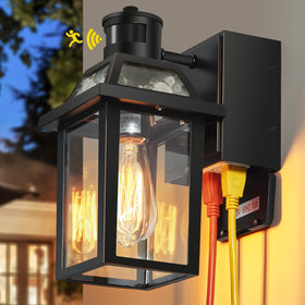 Yisuro porch light with dual GFCI outlets and dusk-to-dawn sensor for outdoor power.