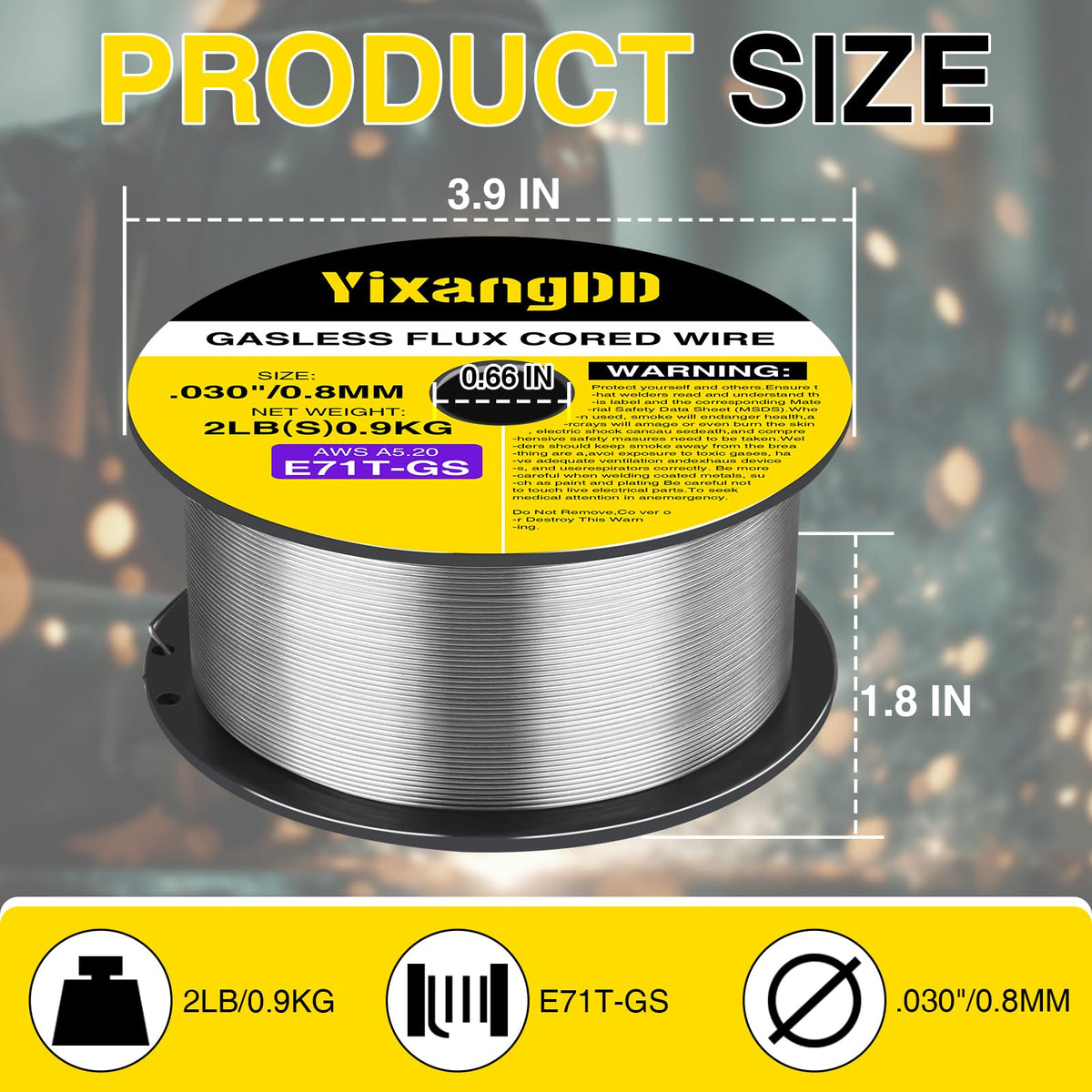 YixangDD flux core wire spool closeup showing uniform feed and clean finish
