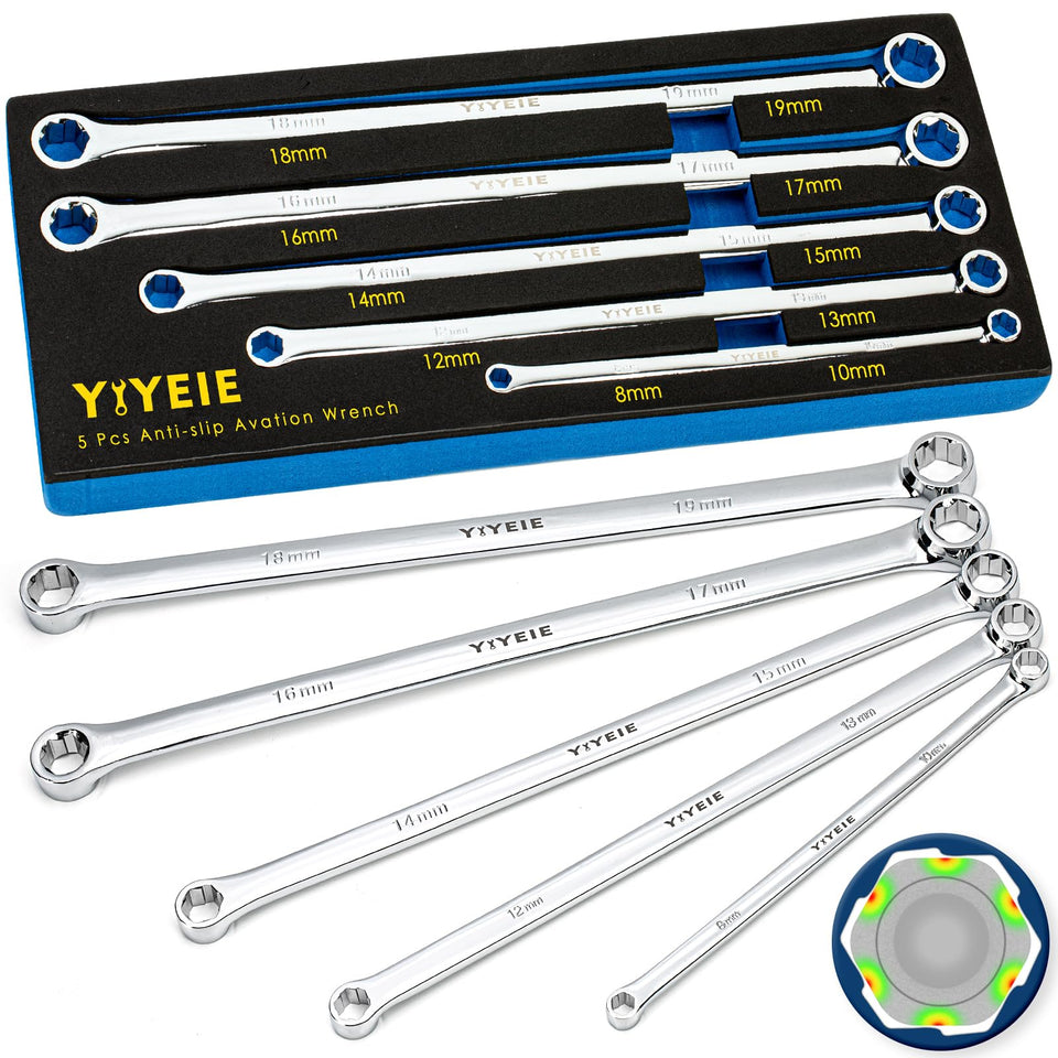 YIYEIE 5-piece box-end wrench set overview with extended reach for bolts