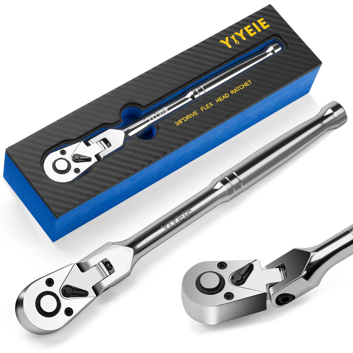 YIYEIE 3/8-Inch drive flex head ratchet with chrome finish for durability and smooth torque.