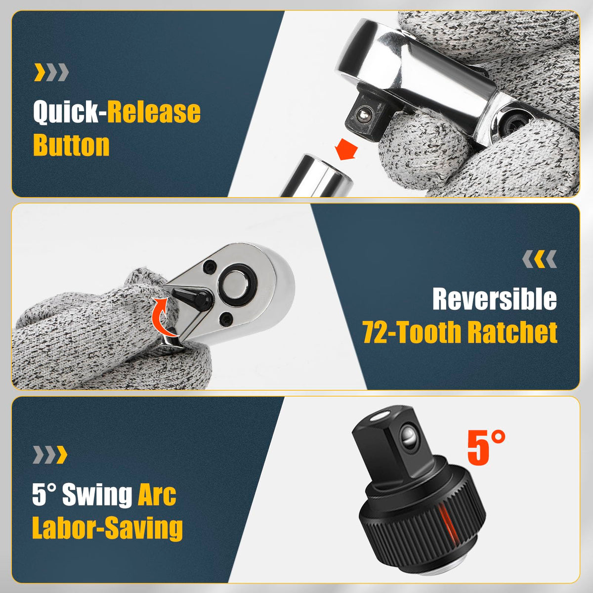 YIYEIE quick-release button speeds socket changes during busy projects.