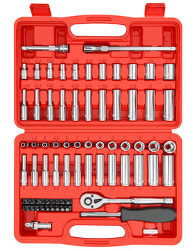 YIYITOOLS 74pc socket set in use with a ratchet for quick automotive tasks