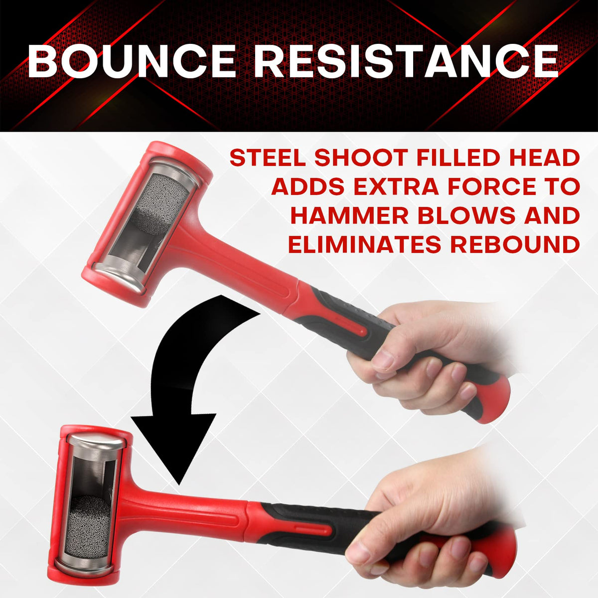 YIYITOOLS dead blow hammer 45oz steel-shot core reduces vibration.