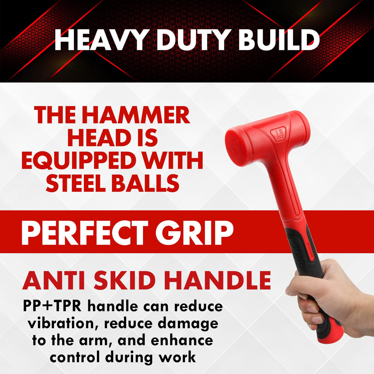 YIYITOOLS dead blow hammer unibody molded design strengthens head and handle joint.