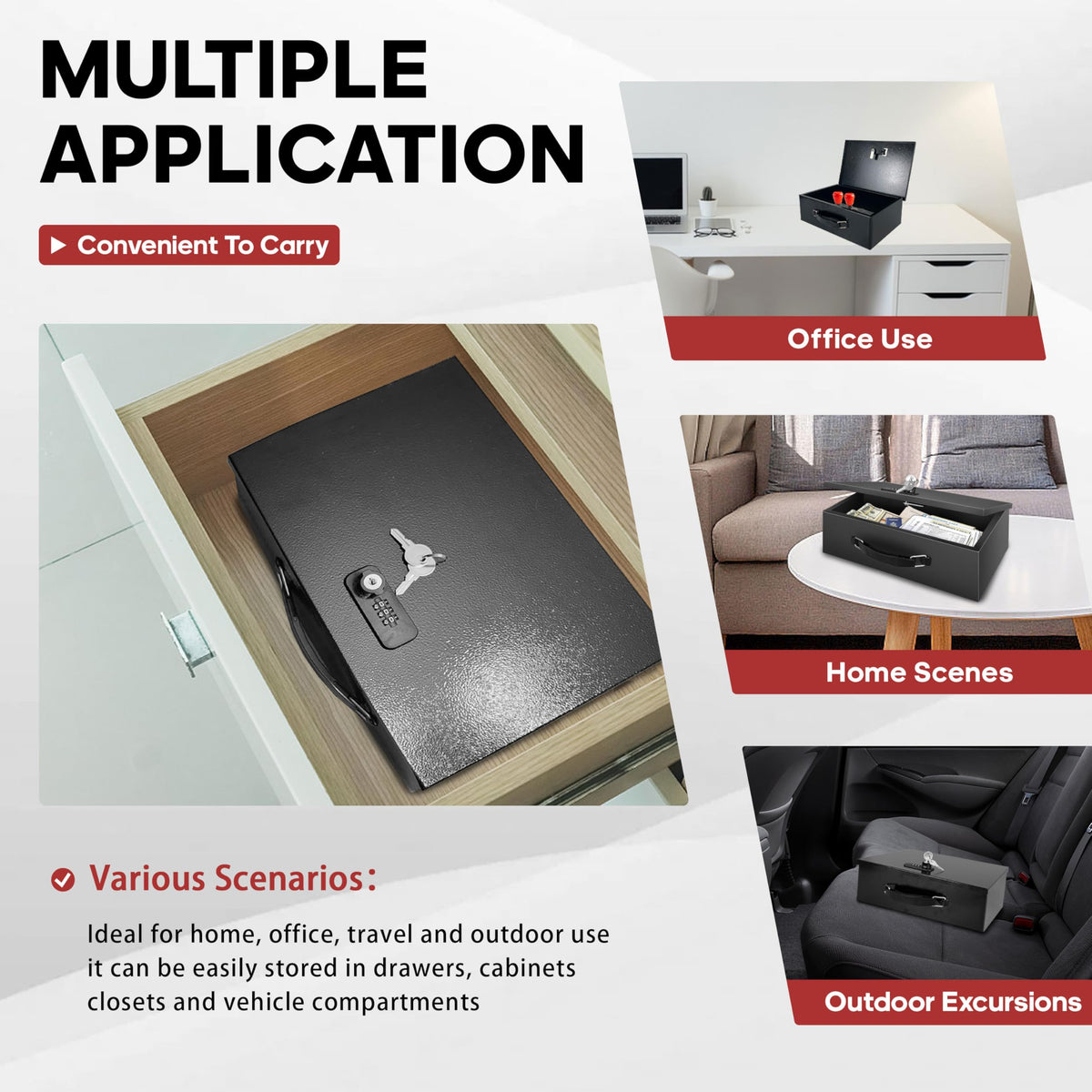 YIYITOOLS fireproof lock box ideal for home office storage and drawers.