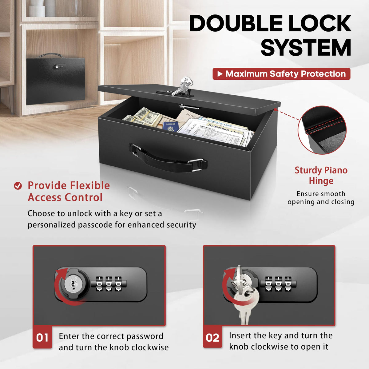 YIYITOOLS fireproof lock box open, displaying key and dial dual-access system.