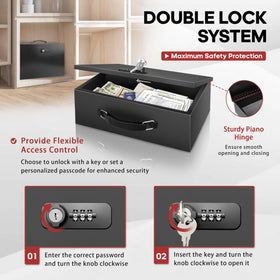 YIYITOOLS fireproof lock box open, displaying key and dial dual-access system.