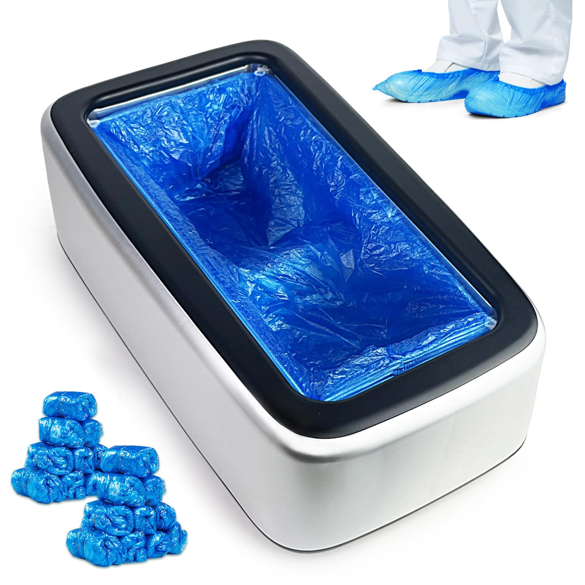 YJDayy automatic shoe cover dispenser in action, keeps floors clean and hands free.