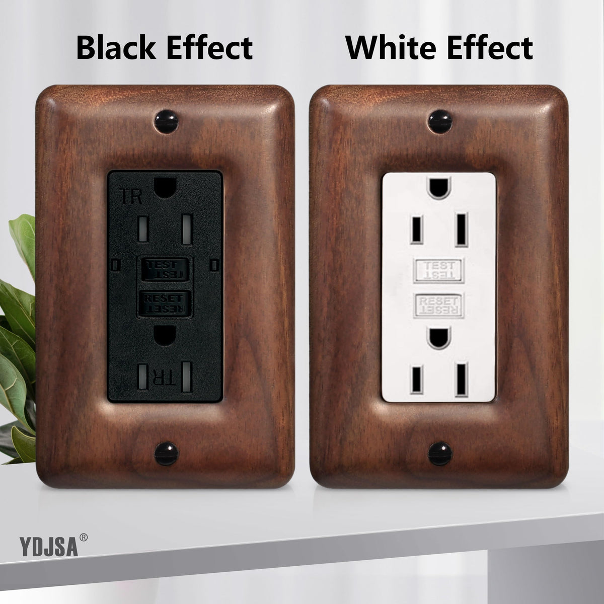 YDJSA walnut wall plate in a modern rustic room setting.