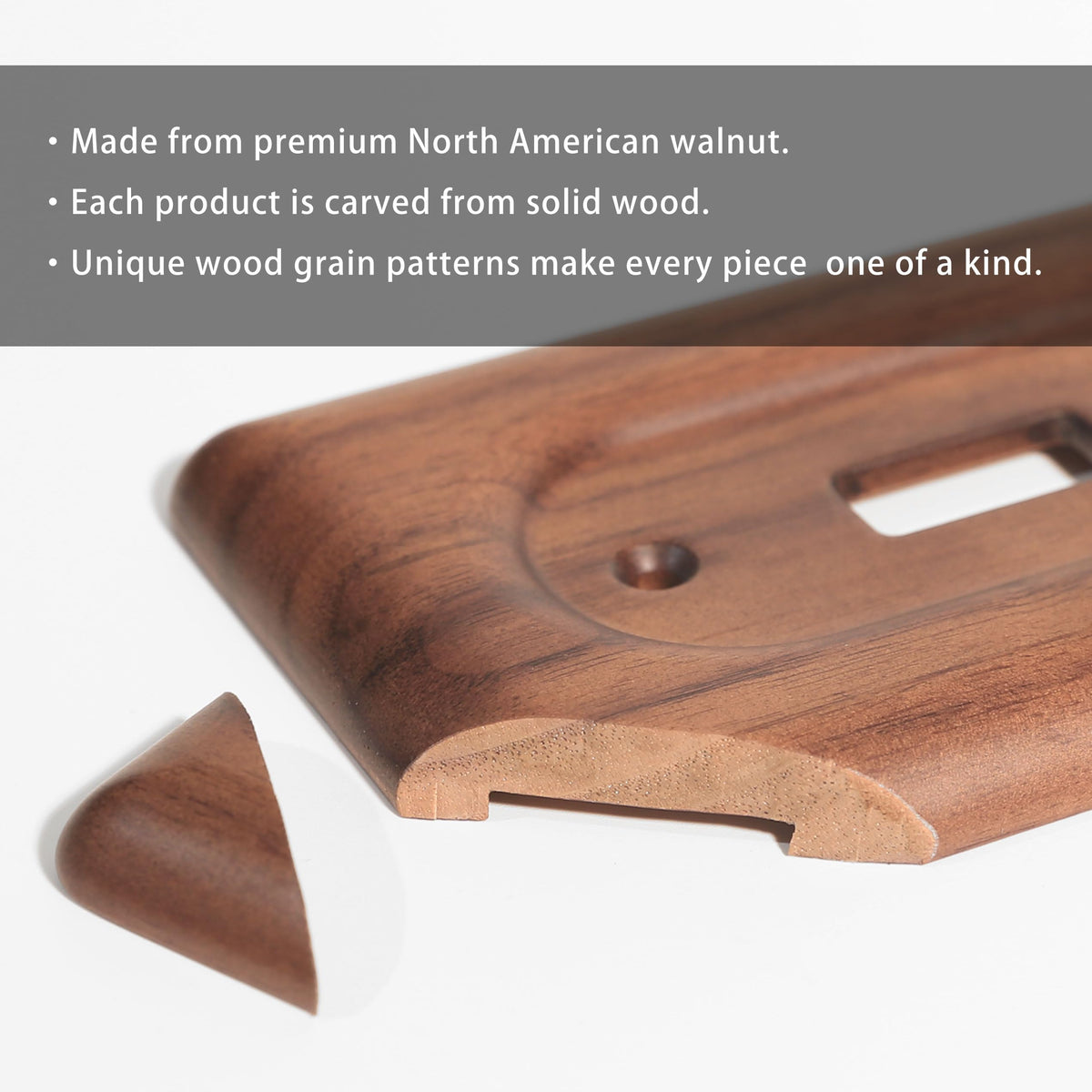 YDJSA walnut switch plate edge detail shows smooth rounded design.
