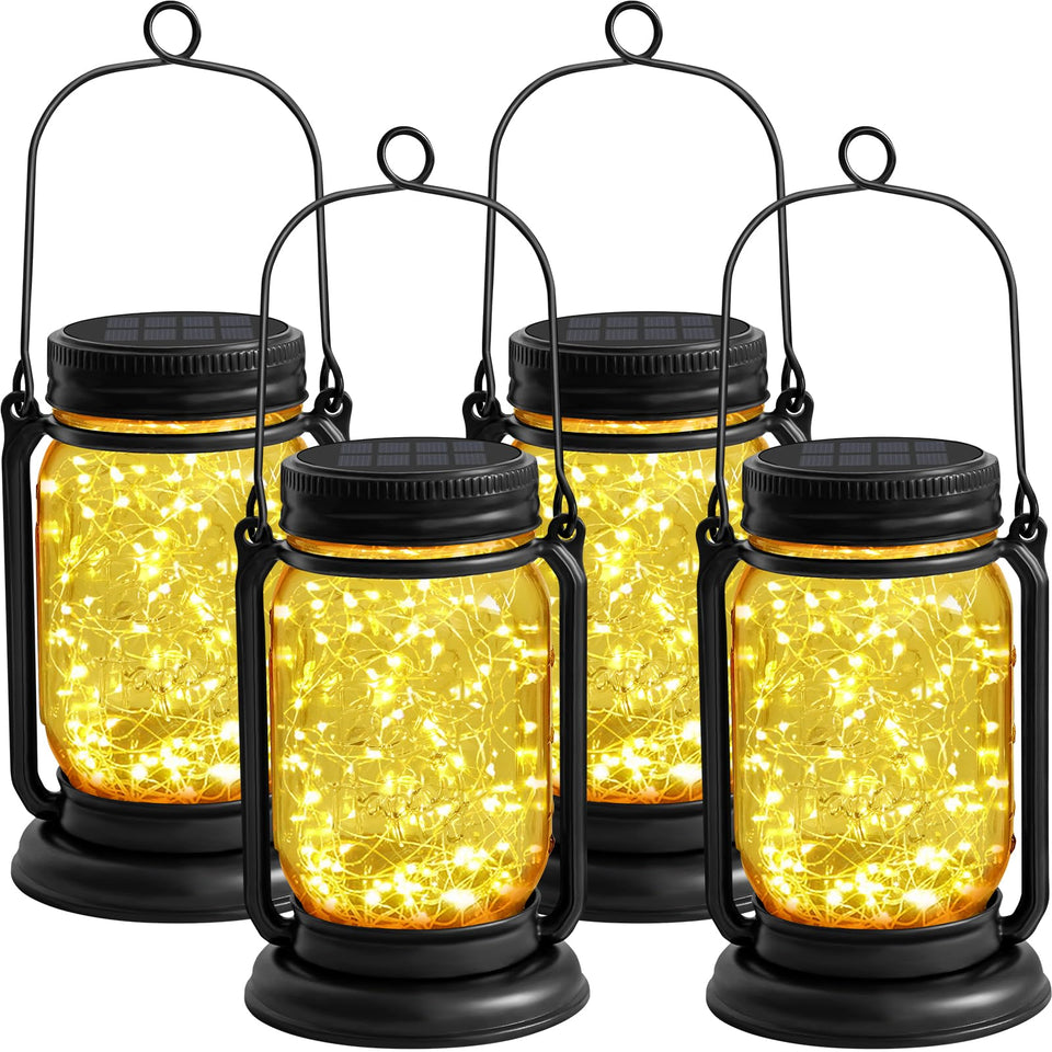 YJFWAL four-pack hanging solar lanterns illuminate outdoors with vintage mason jar charm.