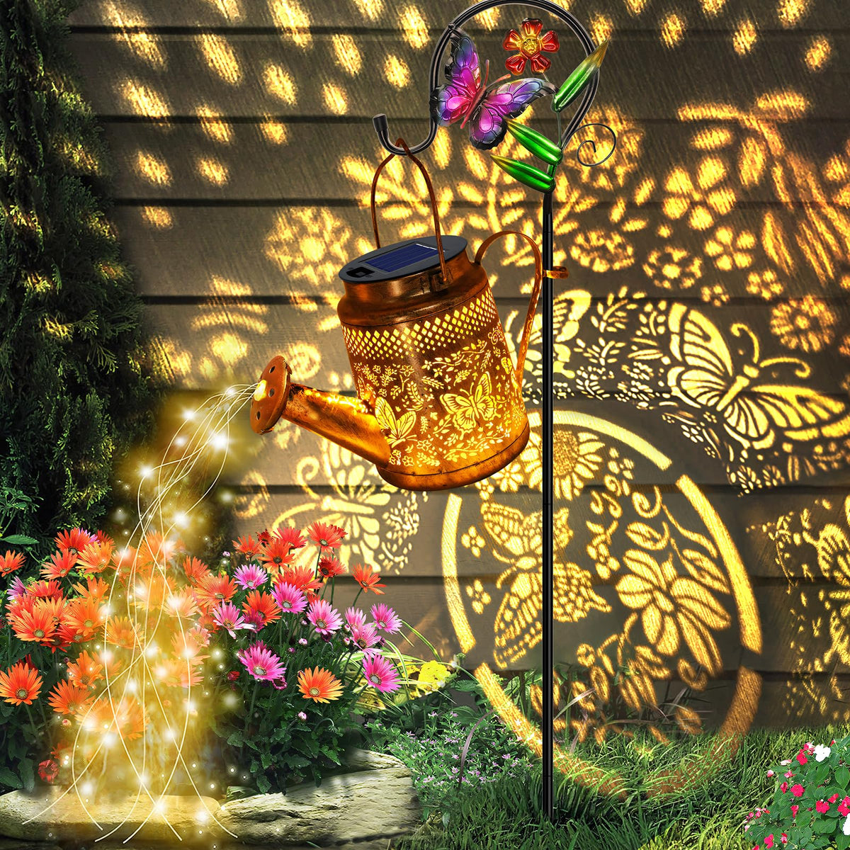 YJFWAL butterfly watering can lights illuminate the garden with a warm glow