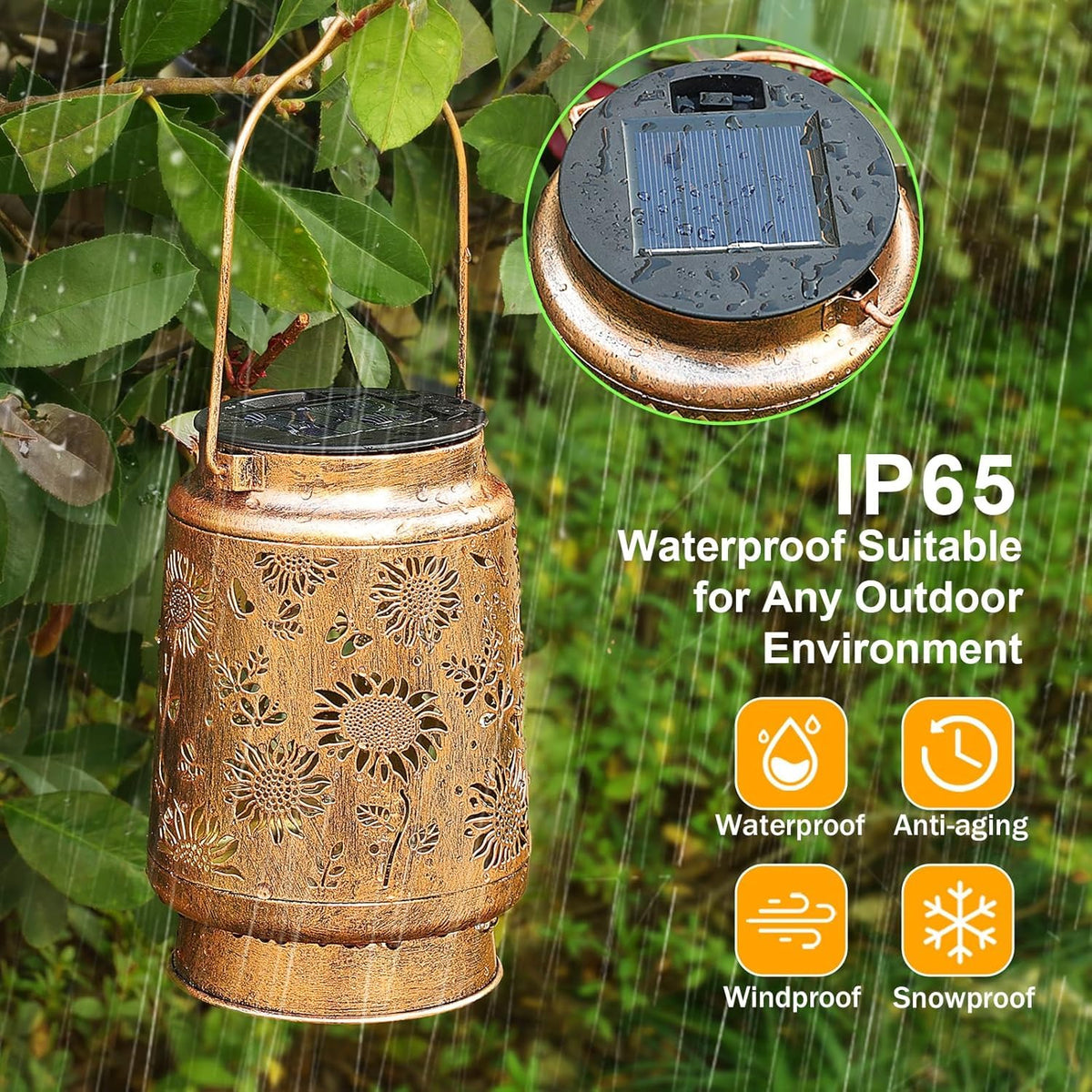 YJFWAL energy-efficient solar panel powers overnight lighting from daylight hours.