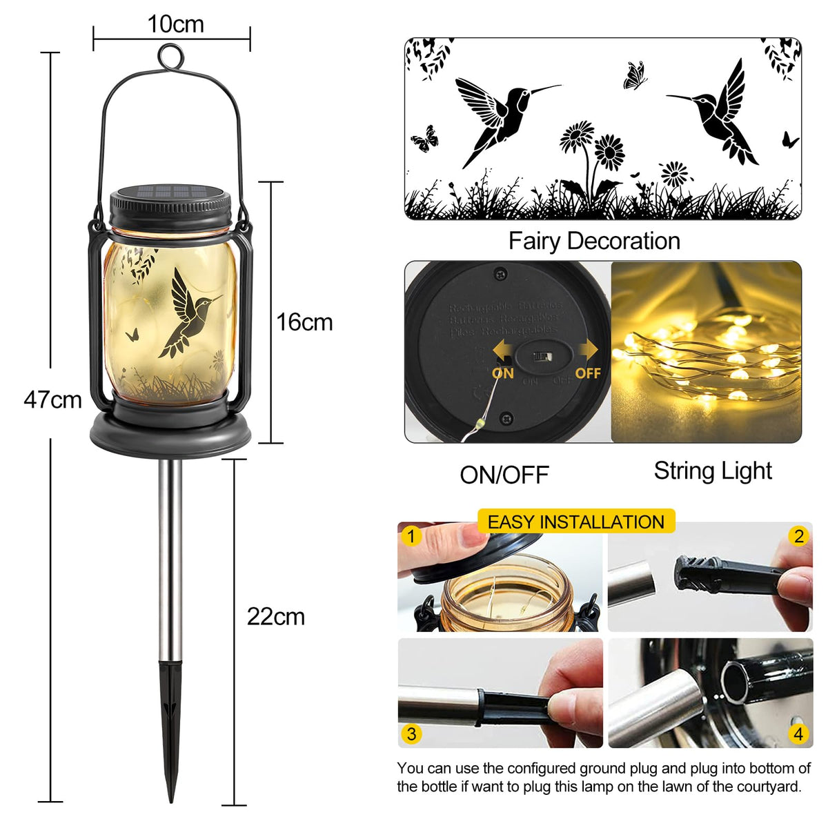 YJFWAL lantern can hang, wall-mount, or stake for flexible placement.