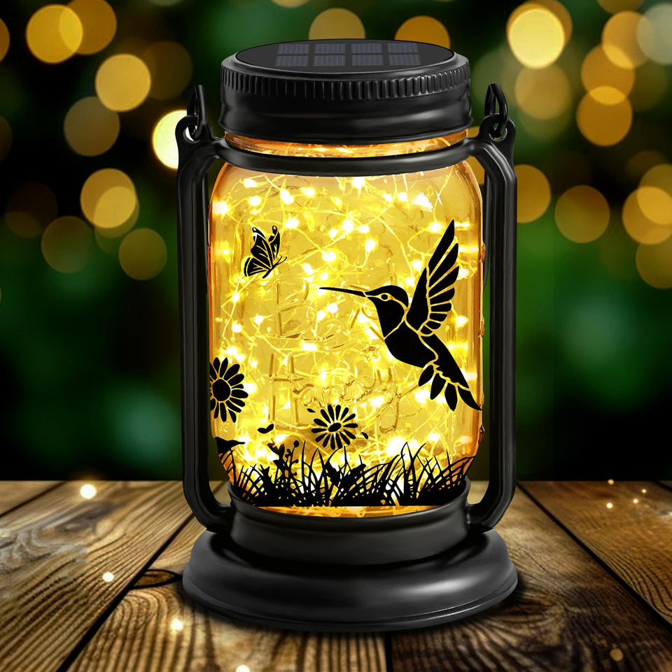 YJFWAL hummingbird lantern mason jar light creates ambient patio lighting.