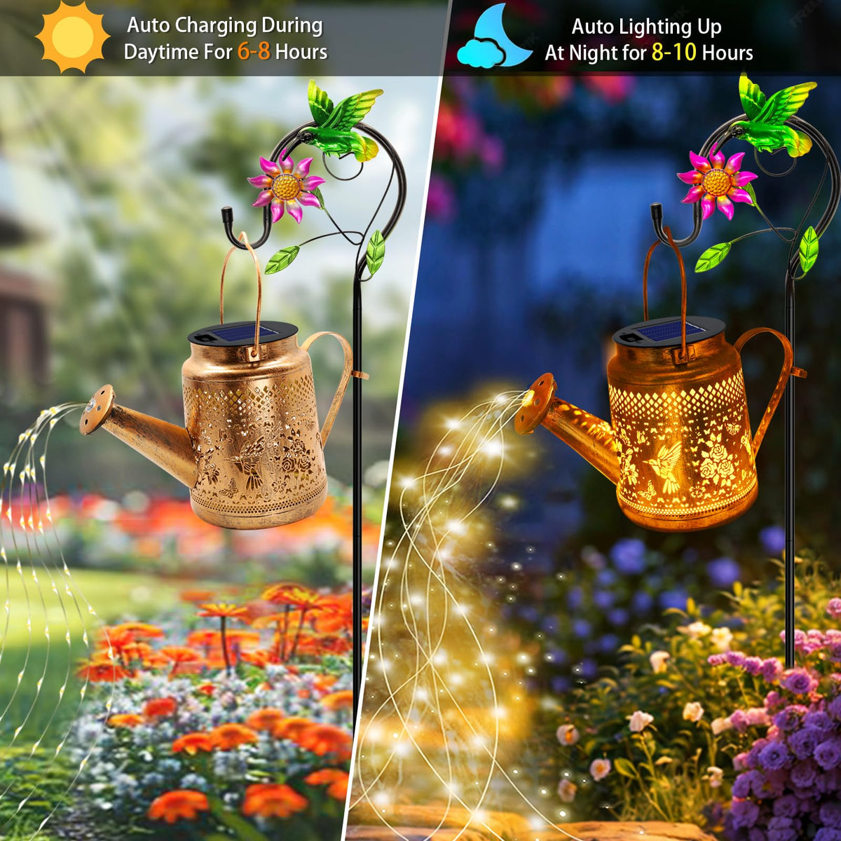 YJFWAL night-time garden decor provides warm golden glow.