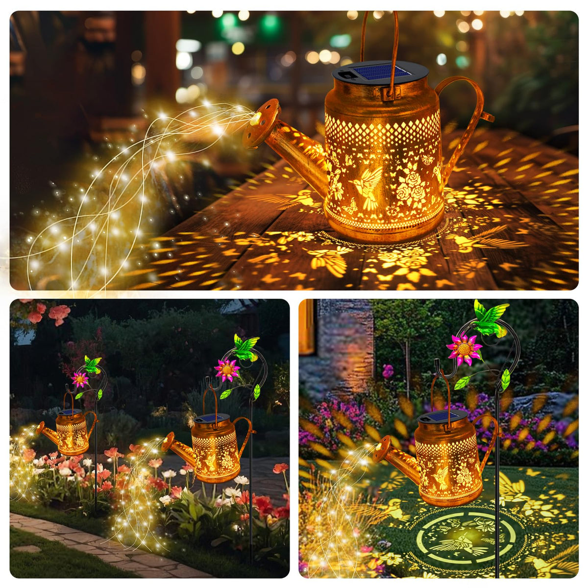 YJFWAL solar watering can light mounted on shepherd hook for flexible placement.