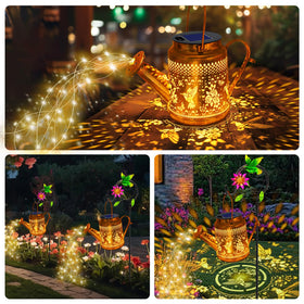 YJFWAL solar watering can light mounted on shepherd hook for flexible placement.